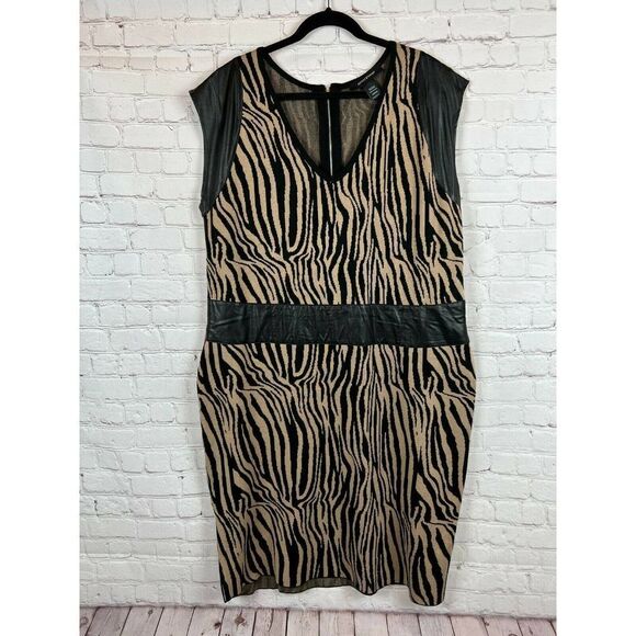 ASHLEY STEWART knit black beige animal print faux vegan leather dress 22/24W - Picture 1 of 6